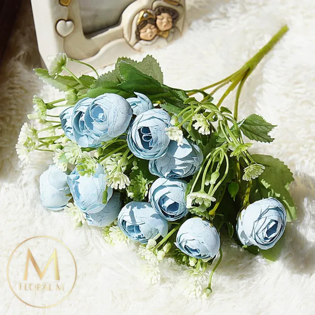 【Floral M】法式花園藍色圓葉小玫瑰花束仿真花花材 （1入組）(人造花/塑膠花/假花/裝飾花)