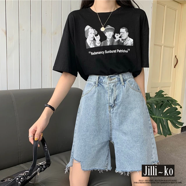 JILLI-KO 後鬆緊破鬚感直筒五分牛仔短褲女-M/L(藍)