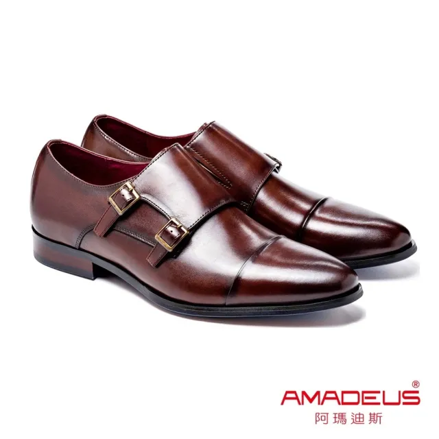 【AMADEUS 阿瑪迪斯】手工上色橫飾雙扣孟克鞋 黑色/咖啡色(男皮鞋/孟克鞋)
