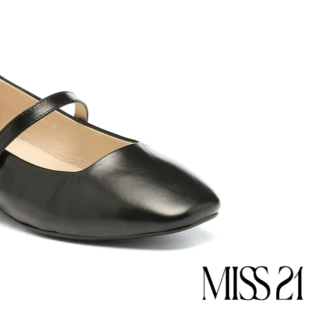 【MISS 21】時髦質感全真皮珍珠繫帶方頭瑪莉珍低跟鞋(黑)