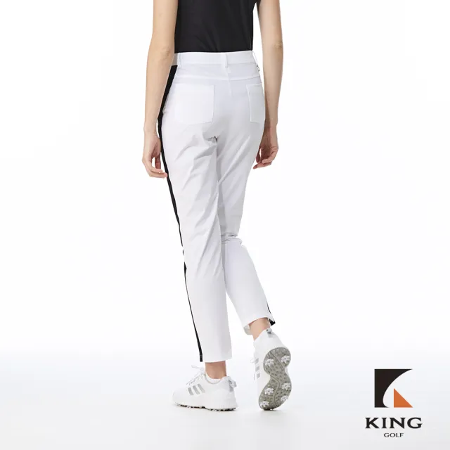 【KING GOLF】實體同步款-女款雙色簡約拼接設計立體剪裁高腰合身長褲/高爾夫球長褲(白色)
