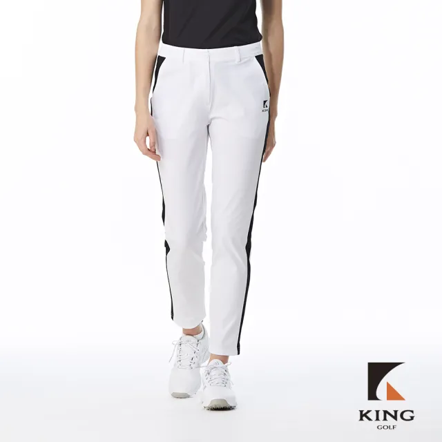 【KING GOLF】實體同步款-女款雙色簡約拼接設計立體剪裁高腰合身長褲/高爾夫球長褲(白色)