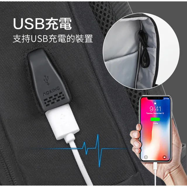 【AOKING】USB充電座後背包 透氣護脊減壓雙肩包(防潑水抗污/可掛行李箱拉桿)