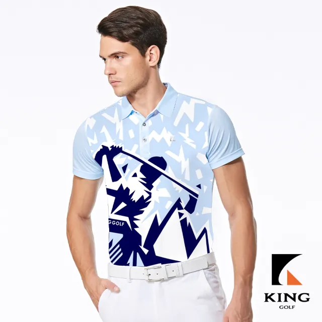 【KING GOLF】實體同步款-男款高爾夫插畫設計印花燙印LOGO透氣涼感開襟短袖POLO衫/高爾夫球衫(藍色)