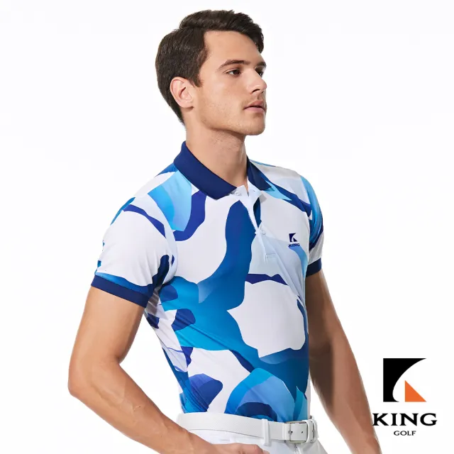 【KING GOLF】實體同步款-男款特殊波浪迷彩圖型羅紋袖口透氣涼感開襟短袖POLO衫/高爾夫球衫(藍色)