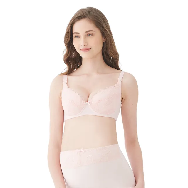 【Gennies 奇妮】哺乳內衣褲成套 輕透棉蕾絲軟鋼圈內衣 高腰內褲(孕婦內衣 上開扣 孕婦內褲 粉 A03B03)