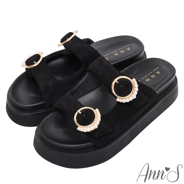 【Ann’S】二代彈力厚底Plus+防潑水絨布名媛珍珠扣涼拖鞋5cm(黑)