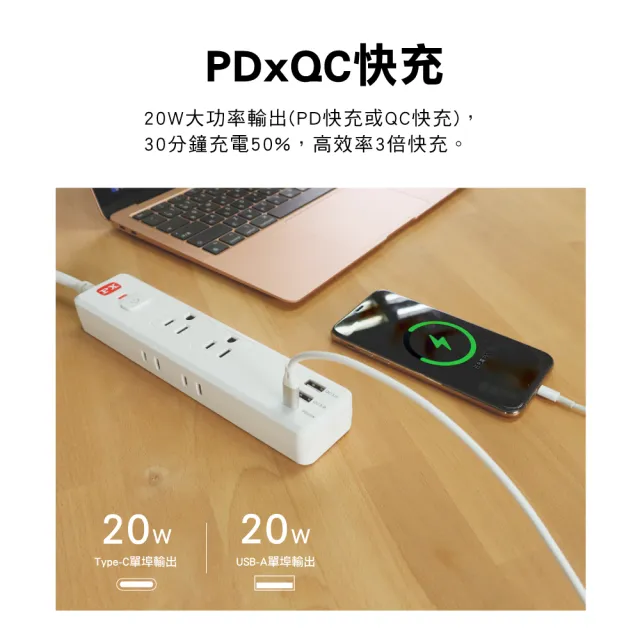 【PX 大通-】網路獨家 usb Type C pd快充 延長線 三孔 電源 插座(POL-161P 2入組)