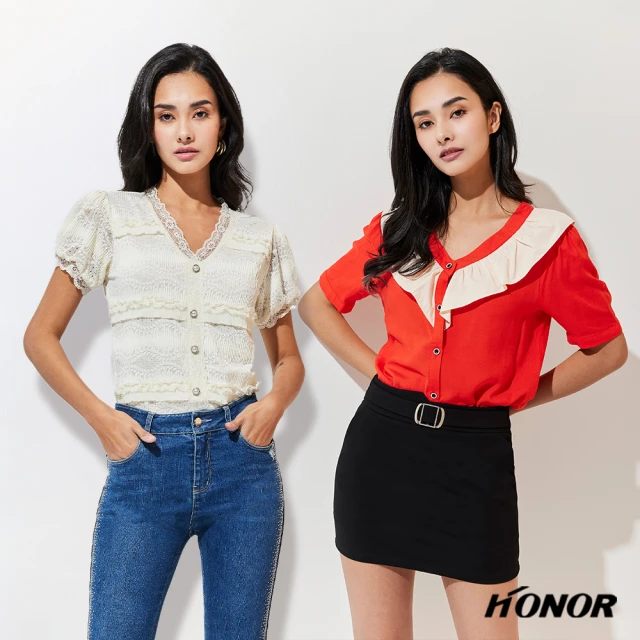 HONOR 山形屋 四款寬鬆蕾絲圖騰質感上衣組合-紅/圓點/杏/圖騰(多款多色xmomo獨家款)