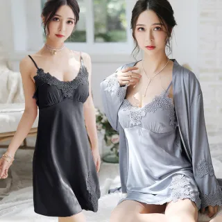 【Kosmiya】1套 帶胸墊 五件組 迷人水溶花性感睡衣/女睡衣/冰絲睡衣/睡裙/睡袍(4色可選/均碼/加大碼)