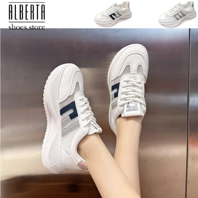 【Alberta】跟高5cm 厚底增高 透氣網面 小白鞋 學生拼接 運動鞋 2色