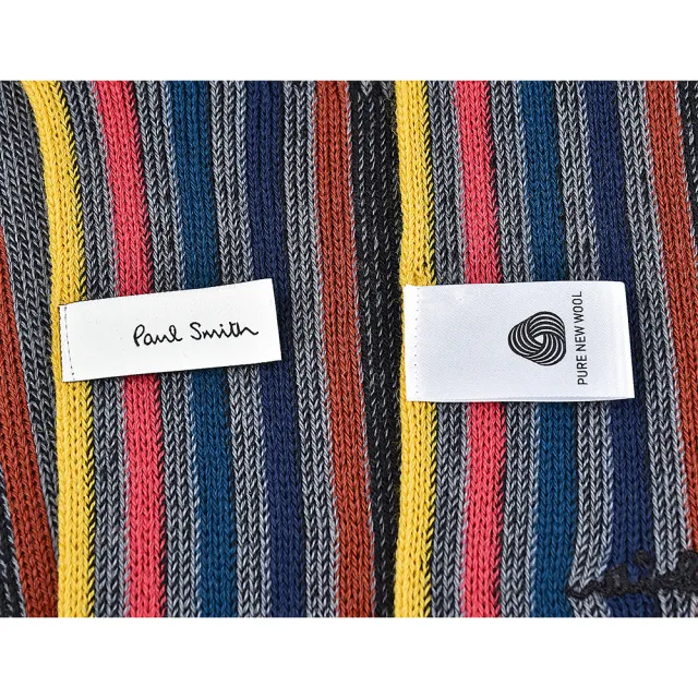 【Paul Smith】PAUL SMITH刺繡LOGO美麗奴羊毛條紋設計針織流蘇圍巾(灰x多彩)