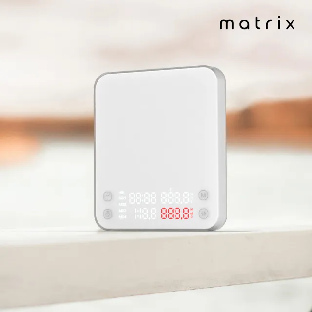 【Matrix】M1 PRO 小智 義式手沖LED觸控雙顯咖啡電子秤 - 白色(TypeC充電/粉液比/分段注水/硅藻土吸水墊)