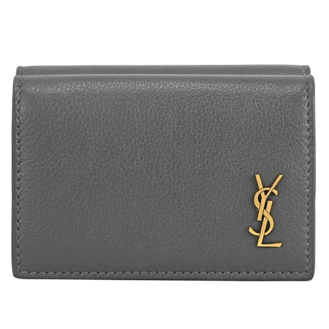 YSL 品牌金屬YSL字母LOGO小牛皮三折雙面零錢短夾(灰)