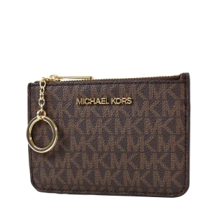 【Michael Kors】緹花LOGO防刮皮革證件/鑰匙零錢包-咖啡色