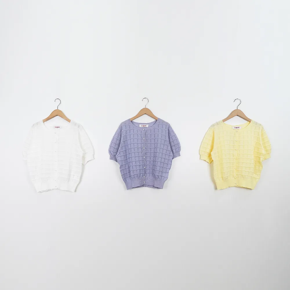 【CUMAR】立體小方格短袖針織外套(白 紫 黃/魅力商品)