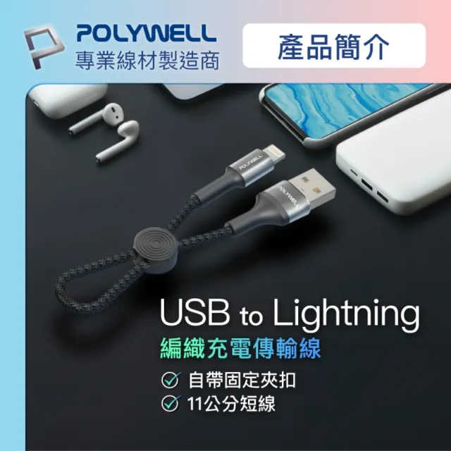 【POLYWELL】WP942P 18W雙向快充行動電源 /1萬毫安+ USB-A To L 極短快充線組