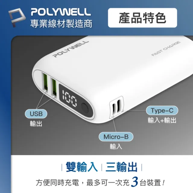 【POLYWELL】WP942P 18W雙向快充行動電源 /1萬毫安+ Type-C To C 極短快充線組