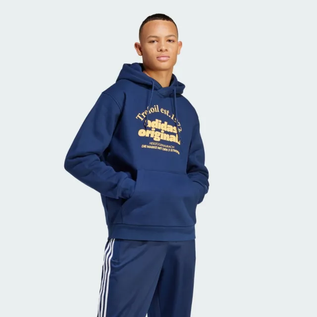 【adidas 愛迪達】長袖上衣 男款 帽T 運動 三葉草 亞規 GRF HOODIE 藍 IS1419