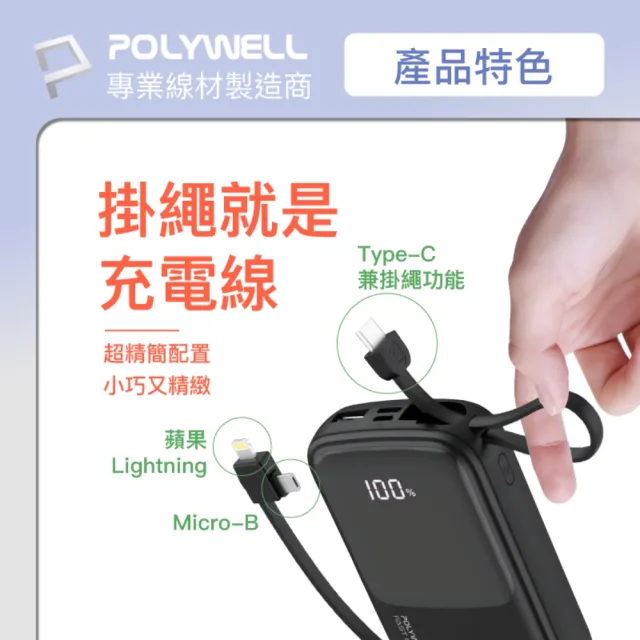 【POLYWELL】FP-PD20000 自帶線快充行動電源 USB-A Type-C Lightning /2萬毫安