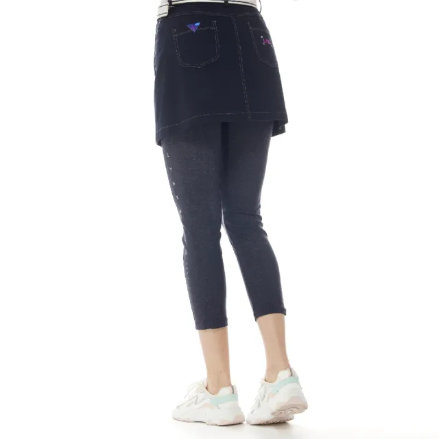 【Lynx Golf】女款日本進口布料彈性舒適丹寧牛仔布反光印花內搭式窄管九分褲(深灰色)