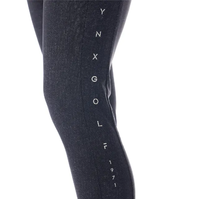 【Lynx Golf】女款日本進口布料彈性舒適丹寧牛仔布反光印花內搭式窄管九分褲(深灰色)