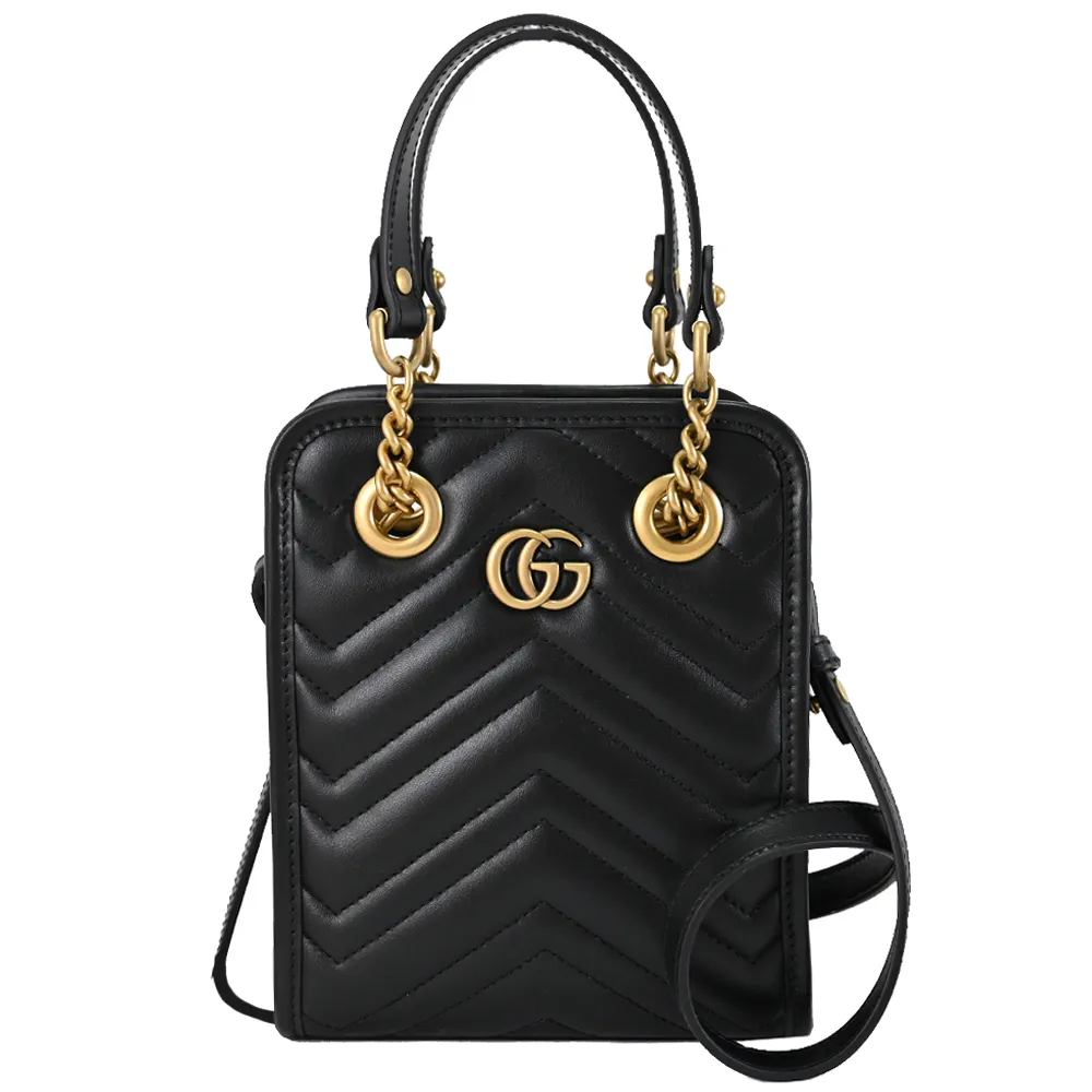 【GUCCI 古馳】GG Marmont 經典雙G LOGO絎縫設計手提包斜背包兩用包(黑)