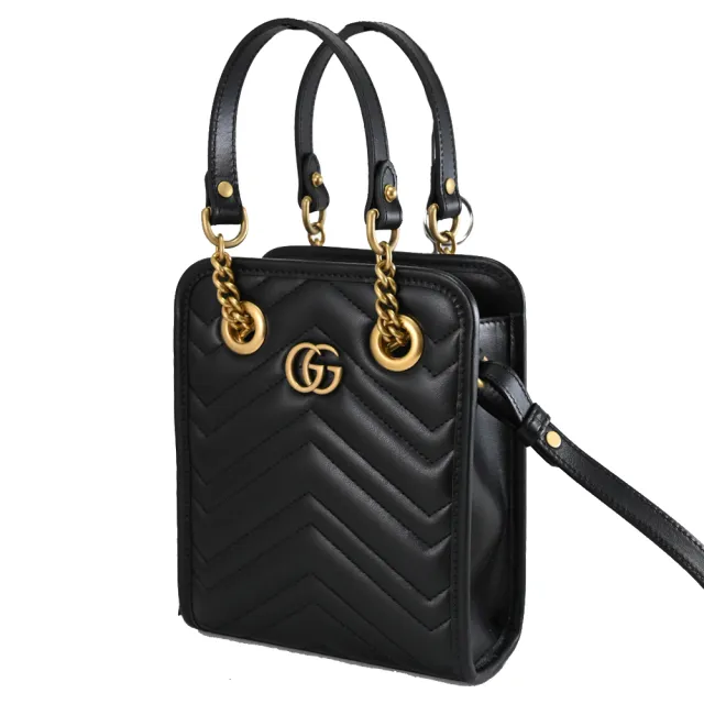 【GUCCI 古馳】GG Marmont 經典雙G LOGO絎縫設計手提包斜背包兩用包(黑)