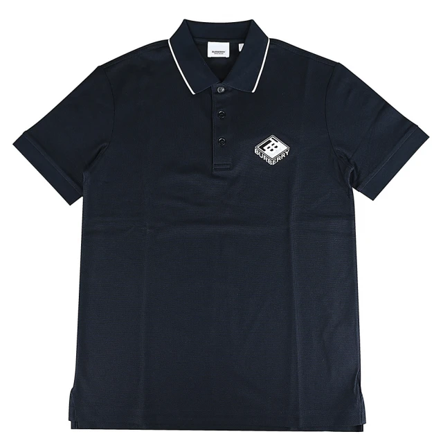 BURBERRY 巴寶莉 黑白方塊刺繡LOGO棉質短袖POLO衫(深藍)
