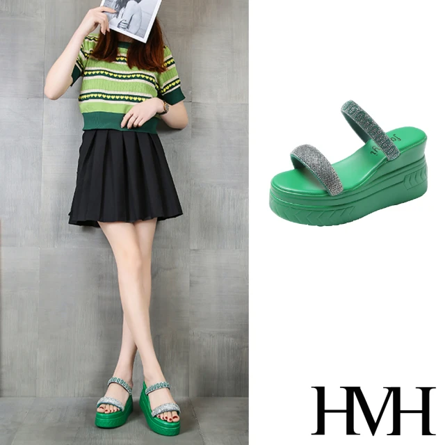 HMH 坡跟拖鞋 厚底拖鞋 一字拖鞋/閃耀華麗美鑽一字帶造型坡跟厚底拖鞋(綠)
