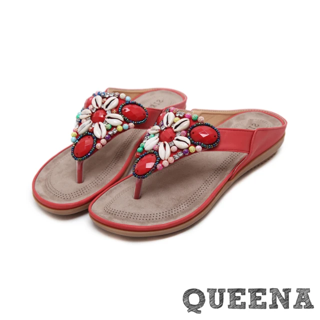 QUEENA 時尚波希米亞貝殼串珠飾面度假風人字平底拖鞋(紅)