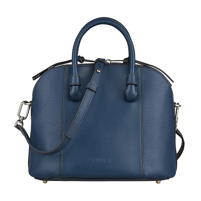 FURLA 芙拉 FURLA MIASTELLA壓印LOGO拉鍊小牛皮手提斜背包(藍)