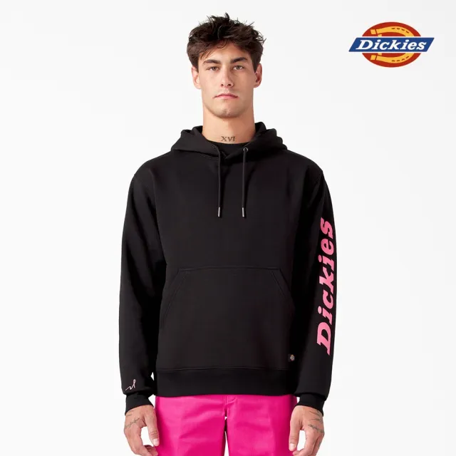 【Dickies】BCA 聯名－男款黑色單袖大Logo品牌文字印花休閒連帽大學T｜DK012217BLK