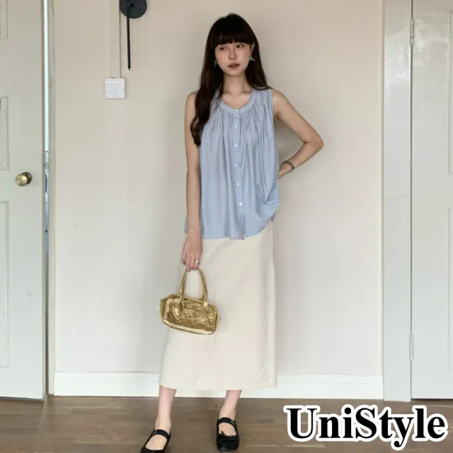 【UniStyle】無袖背心 韓版肌理感褶皺慵懶風上衣  女 EAN016A(藍)