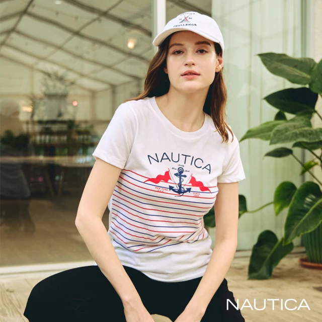 NAUTICA 女裝 船錨LOGO印花條紋短袖T恤(白色)