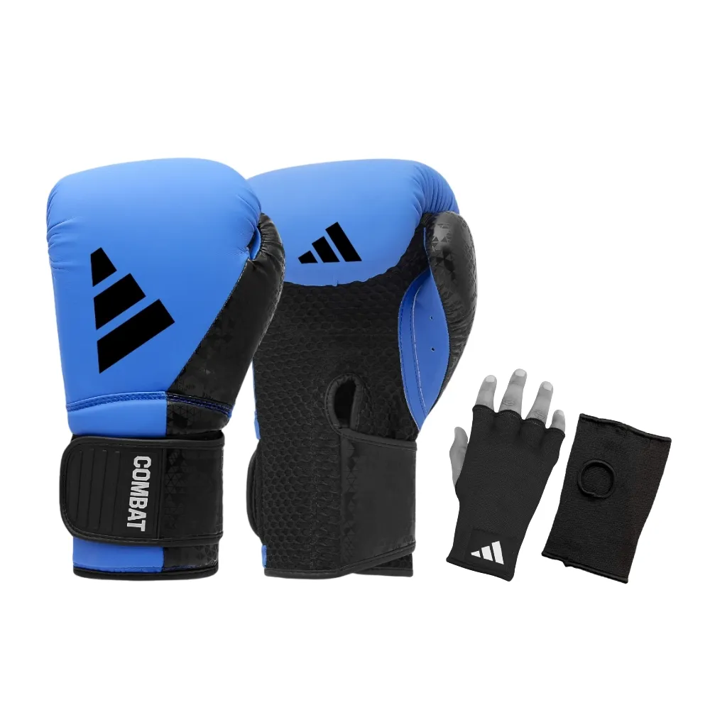【adidas 愛迪達】Combat 50 藍黑拳擊手套+快速手綁帶超值組合(拳擊 泰拳 格鬥 搏擊 拳套 健身 有氧)