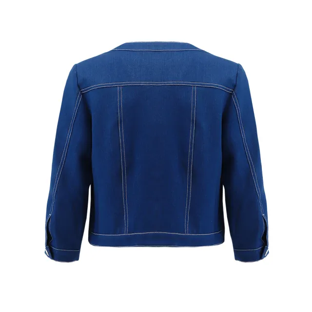 【ILEY 伊蕾】珍珠菱格紋牛仔圓領短版外套(藍色；M-XL；1242318413)
