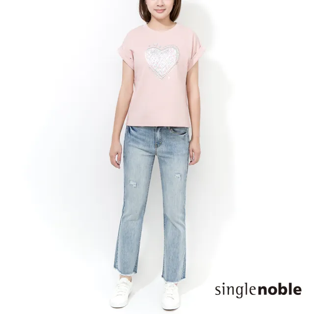 【SingleNoble 獨身貴族】夏日亮眼珍珠愛心印花短袖T恤(2色)