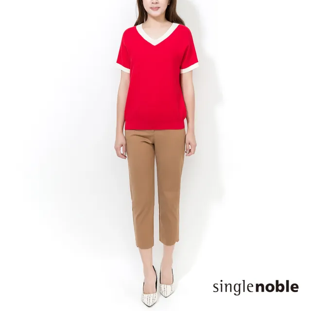 【SingleNoble 獨身貴族】亮眼大紅撞色V領短袖線衫(1色)