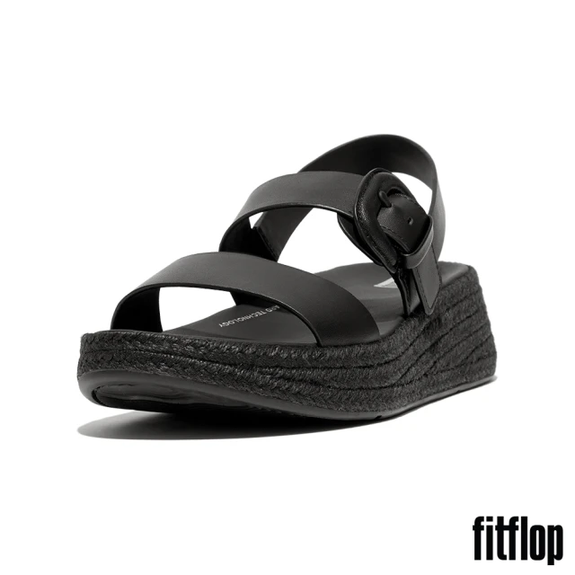 FitFlop F-MODE 草編扣環皮革厚底涼鞋(黑色)