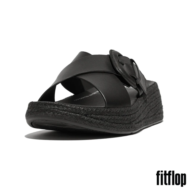 FitFlop F-MODE 草編扣環皮革厚底交叉涼鞋(黑色)