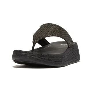 【FitFlop】F-MODE 草編亮片帆布厚底夾腳涼鞋(黑色)