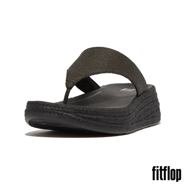 FitFlop F-MODE 草編亮片帆布厚底夾腳涼鞋(黑色)