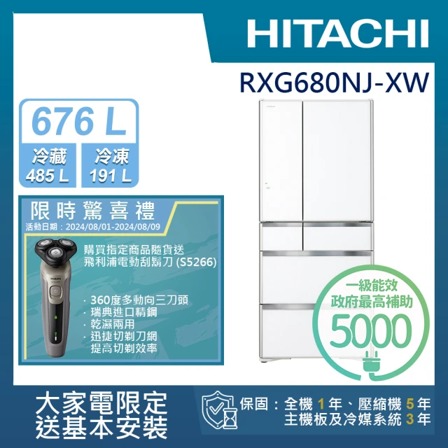 【HITACHI 日立】676L 一級能效日製變頻六門冰箱(RXG680NJ-XW)