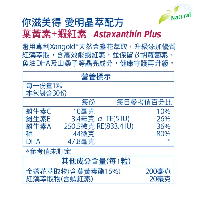 【Nutrimate 你滋美得】愛明晶萃葉黃素+蝦紅素雙效配方3入組(共90顆、護眼、酯化型、金盞花、維生素A)