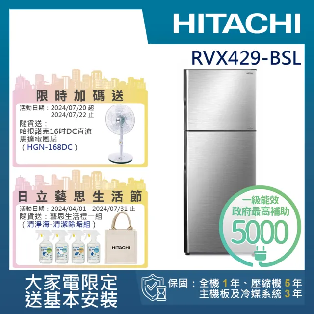 【HITACHI 日立】417L 一級能效變頻雙門右開冰箱(RVX429-BSL)