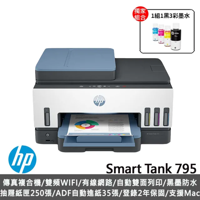 【HP 惠普】搭1組1黑3彩墨水★Smart Tank 795 四合一Wifi連續供墨傳真複合機(列印/雙面列印/影印/掃描/傳真