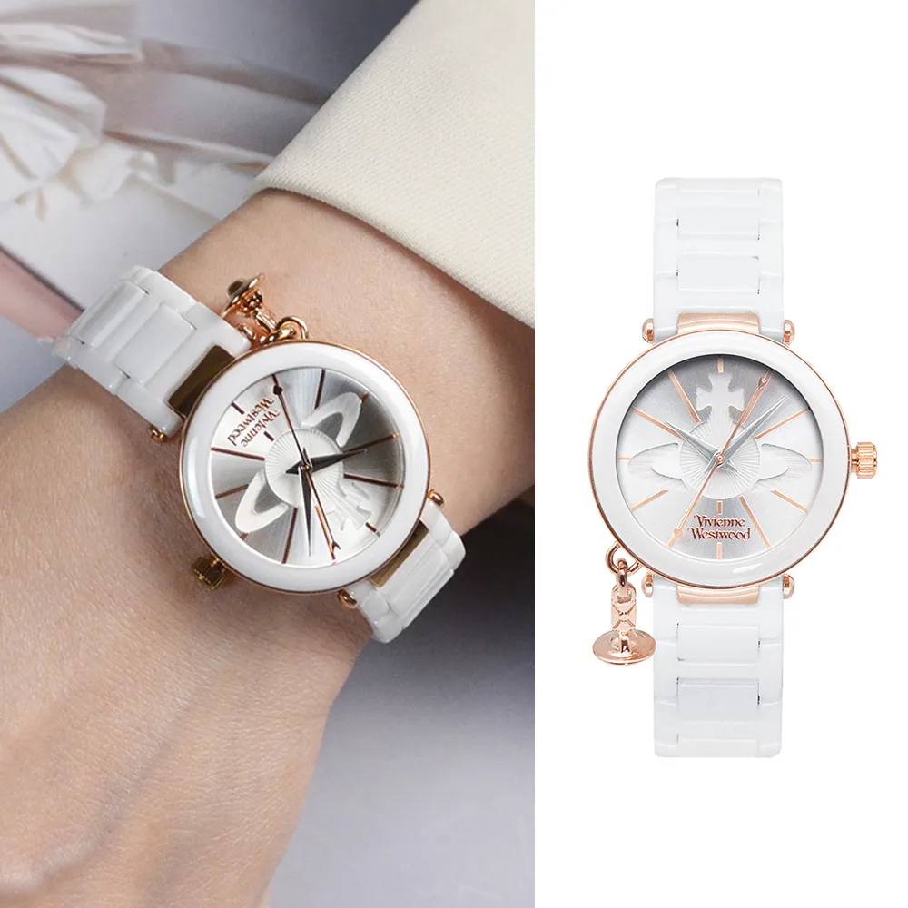 【Vivienne Westwood】典雅純白 玫瑰金框 經典大LOGO錶盤 陶瓷錶帶 小裝飾設計 女錶 32mm(VV067RSWH)