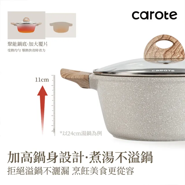 【CAROTE】COSY系列 麥飯石不沾鍋 湯鍋 24CM 含鍋蓋 雙耳 煮鍋 燉鍋 鍋具(電磁爐/ih爐)