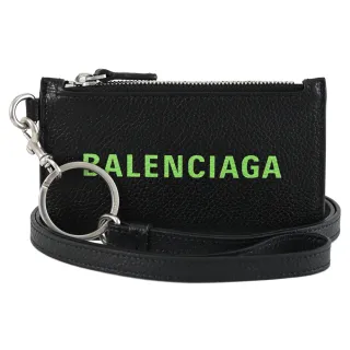 【Balenciaga 巴黎世家】簡約品牌LOGO斜背頸掛牛皮信用卡證件零錢包(黑/綠)
